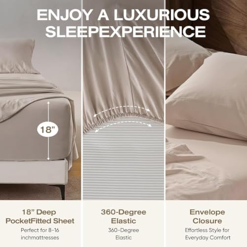 100% Pure Linen Blend 4 Piece Sheet Set, Cooling and Breathable Flax Bed Sheets for Hot Sleepers, All Season Comfort, Anti-Tear and Durable Bedding, 18 Inch Deep Pocket(Natural Linen, King)