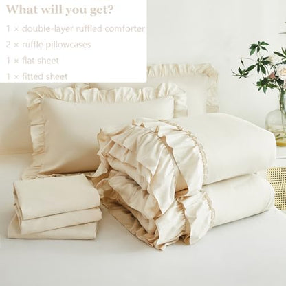 ANGIYUIN 5Pcs Beige Ruffled Comforter Set Queen Double-Layer Ruffle Bedding Comforter Set for Women Girls Fluffy Shabby Chic Bed in a Bag with Sheets(Beige Queen)