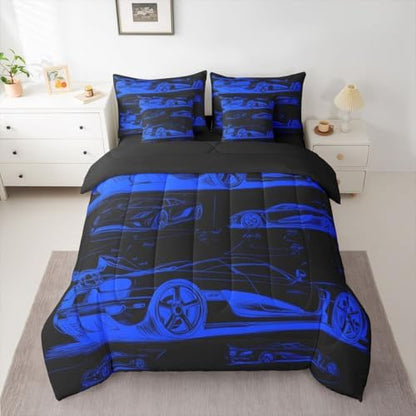 Feelyou Blue Race Car Comforter Set Full Size 7 Pieces Speed Sports Car Bedding Set for Kids Boys Girls Extreme Sports Bed in a Bag with Comforter, Sheets, Pillowcases, Cushion Covers Quilted