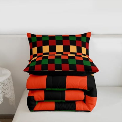 Feelyou Checkered Retro Comforter Set All Season Geometric Vintage Bedding Set with 1 Pillow Cases Red Green Orange Kids Twin Bedclothes Modern Groovy Aesthetic Bedroom Decor Duvet Quilt