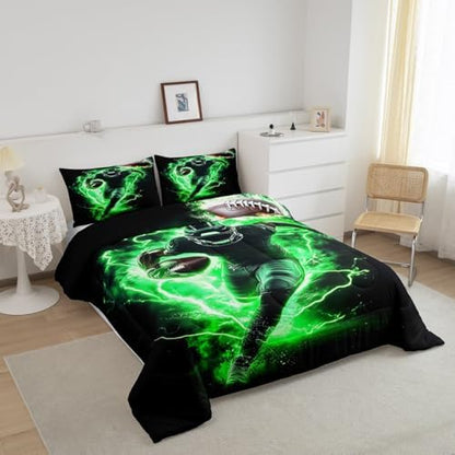 Castle Fairy Teens Sports Football Comforter Set Queen Size,Rugby Bedding Set for Kids Boys Girls Bedroom Decoration,American Football Bed Duvet Insert,Green Lightning Comforter with 2 Pillowcases