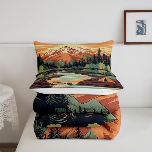 Mountain River Comforter Set King Size,Nature Scenery Tent Printed Bedding Set for Kids Boys Girls Room Decor,Retro Adventure Theme Duvet Insert 3Pcs,Camping Style Luxury Quilt Set,2 Pillowcases