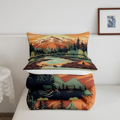 Mountain River Comforter Set King Size,Nature Scenery Tent Printed Bedding Set for Kids Boys Girls Room Decor,Retro Adventure Theme Duvet Insert 3Pcs,Camping Style Luxury Quilt Set,2 Pillowcases