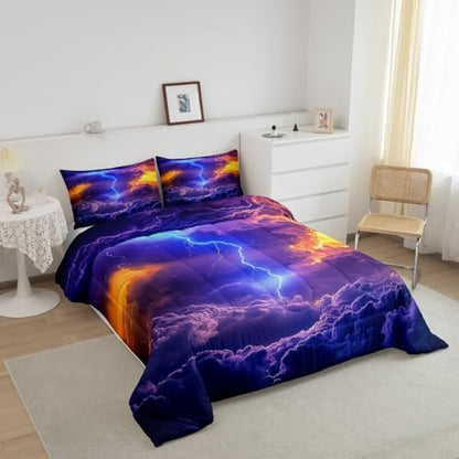 Homewish Teens Cool Lightning Comforter Set Queen Size,Natural Scenery Bedding Set for Kids Boys Girls Bedroom Decoration,Starry Sky Bed Duvet Insert,Cloud Pattern Comforter with 2 Pillowcases