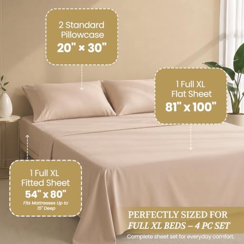 Full XL 100% Cotton Jersey Knit Sheet Set, 4PC, 15" Deep Pocket, Beige
