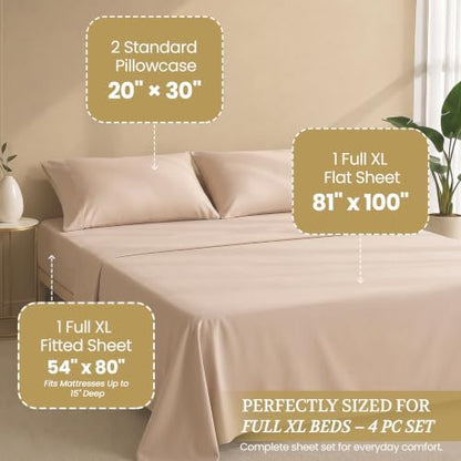 Full XL 100% Cotton Jersey Knit Sheet Set, 4PC, 15" Deep Pocket, Beige