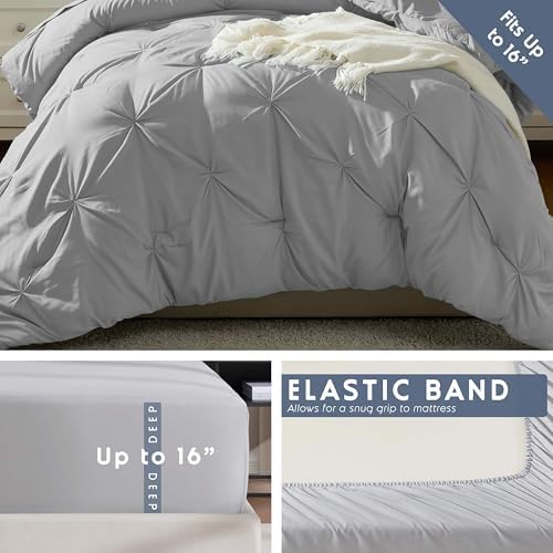 Nestl 7 Piece Twin Comforter Set – Light Grey Pinch Pleated Bed in a Bag – Complete Twin Size Bedding Set with Sheets, Set of 2 Cooling Pillows, Pillowcase and Sham