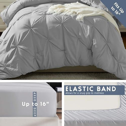 Nestl 7 Piece Twin Comforter Set – Light Grey Pinch Pleated Bed in a Bag – Complete Twin Size Bedding Set with Sheets, Set of 2 Cooling Pillows, Pillowcase and Sham