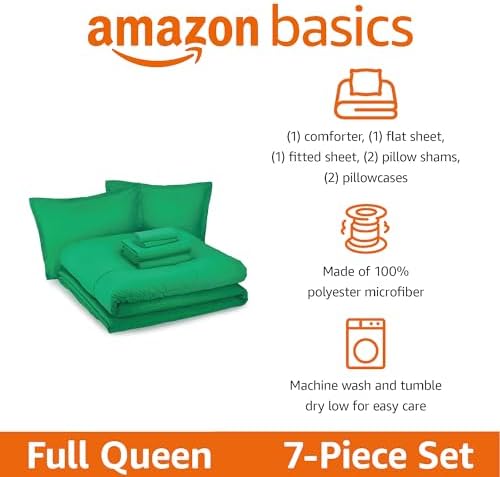 Amazon Basics 7-Piece Soft, All-Season Microfiber Kid's Bed-in-a-Bag Bedding Set with Comforter, Sheets, Pillow Shams and Pillowcases, Full/Queen, Solid Green