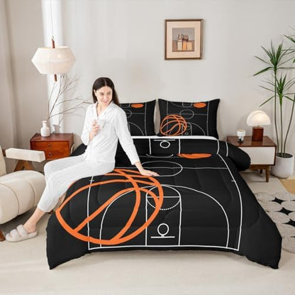 Castle Fairy Cartoon Basketball Comforter Set Queen Size Sports Theme Bedding Set for Kids Boys Girls Bedroom Decoration Basketball Court Bed Duvet Insert Black and Orange Comforter with 2 Pillowcase