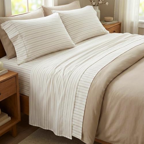 BIOWEAVES 100% Organic Cotton Sheets, 300 Thread Count 4-Piece GOTS Certified Bed Sheet Set Fits Mattress Upto 17" Deep Pocket, Soft & Silky Sateen Weave - Twin, Natural/Biscotti Stripes
