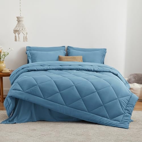 Love's cabin Twin Comforter Set Misty Blue, 5 Pieces Twin Bed in a Bag, All Season Bedding Sets with 1 Comforter, 1 Flat Sheet, 1 Fitted Sheet, 1 Pillowcase and 1 Pillow Sham