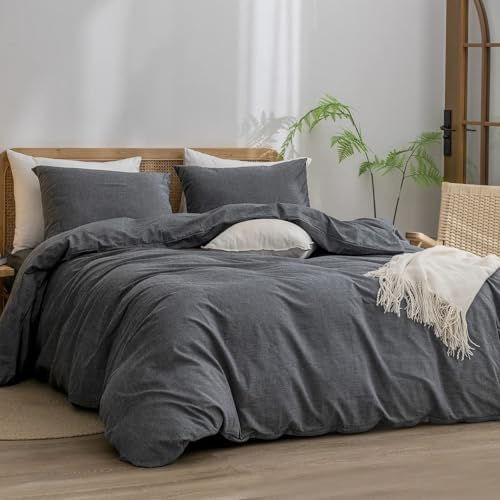 BESTOUCH Cotton Solid Duvet Cover Set Linen Feel Dark Black Alaska King