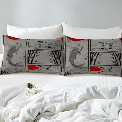 Feelyou Kids Japanese Koi Fish Duvet Cover Toddler Japanese Wave Crane Bedding Set Boys Girls Fuji Mountain Bamboo Sunset Comforter Cover Set Japan Tokyo Japanese-Style Bedspread Cover（No Comforter