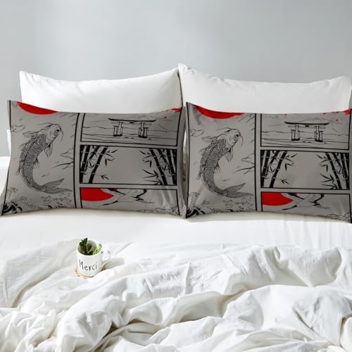 Feelyou Kids Japanese Koi Fish Duvet Cover King Size Japanese Wave Crane Bedding Set Boys Girls Fuji Mountain Bamboo Sunset Comforter Cover Set Japan Tokyo Japanese-Style Bedspread Cover（No Comforter