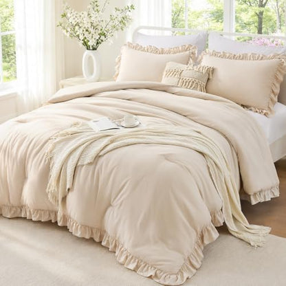 FUANNA Full Size Comforter Sets, Ruffle Bedding Set, 3 Piece Bed Set, Beige