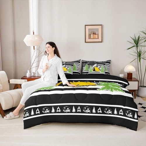 Erosebridal Camper Decor 7 Pcs Bedding Set Happy Camping Boys Bed in A Bag Rustic Farmhouse Comforter Set with Sheets Twin Size for Kids Teens Adult Room Bonfire Rv Travel Trailer Bed Sets, Black