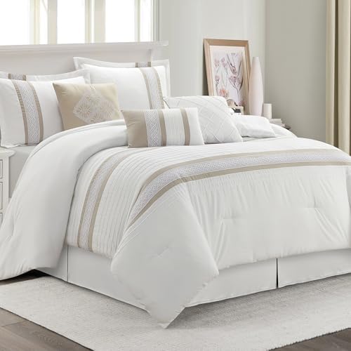 LANCO MODERN LIFESTYLE 7 Piece Comforter Set, Taupe White, King Size, Boho Style Geometric Microfiber Embroidery, Bed in a Bag with Bedskirt, Pillow Shams and Decor Pillows