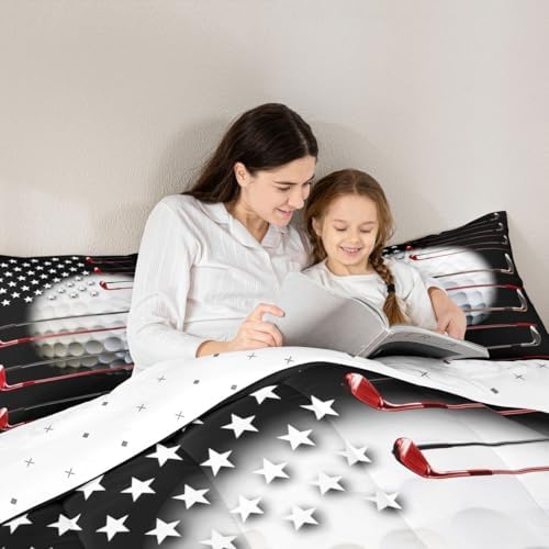 Erosebridal Golf Comforter Set for Men, American Flag Bedding Golf Shape Pattern Quilt Full Size, Sports Games Stars Stripes Bedding Comforter Sets with 2 Pillow Cases, Golf Decor for Home, Black Red