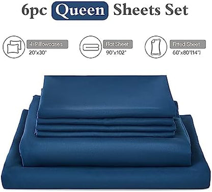 ILAVANDE Navy Blue Queen Sheets Set 6 Piece,Hotel Luxury Super Soft 1800 Series Microfiber Queen Bed Sheets Set-Wrinkle Free & Breathable-14 Deep Pocket Sheets for Queen Size Bed(Queen,Navy Blue)