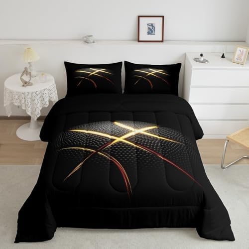 3D Basketball Comforter Set for Boys Kids Teens Ultra Soft Microfiber Black and Golden Quilted Duvet Sports Theme Basketball Bedding Sets King Size Balls Sports Gaming Duvet Insert,2 Pillowcases
