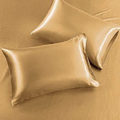 SiinvdaBZX 3Pcs Satin Sheet Set Twin Size 15-Inch Deep Pocket, Gold