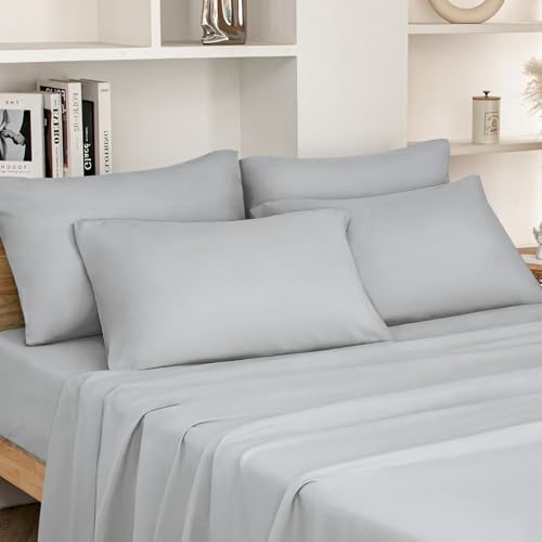 HOMEIDEAS King Size Bed Sheets - 6 Piece Set (Light Grey) - Extra Soft Brushed Microfiber 1800 Bedding Sheets, Deep Pocket, Wrinkle & Fade Free