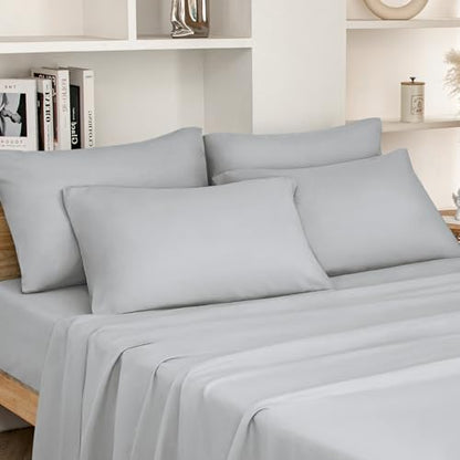 HOMEIDEAS King Size Bed Sheets - 6 Piece Set (Light Grey) - Extra Soft Brushed Microfiber 1800 Bedding Sheets, Deep Pocket, Wrinkle & Fade Free
