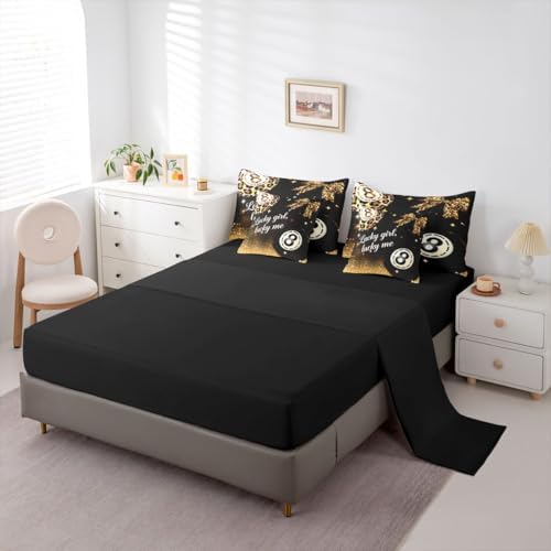 Erosebridal Brown Leopard Bow 7 Piece Bedding Set Twin Size,Y2K Lucky 8 Ball Comforter Set Fashion Cheetah Print Bowknot Bed in A Bag with Sheets Preppy Room Decor,Black Gold Trendy Luxurious Bed Set