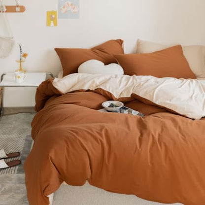 LifeTB Jersey Knit Cotton Duvet Cover Set King Terracotta & Cream Beige