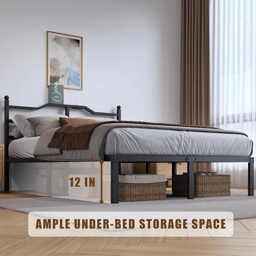 SHOANED 14 Inch Metal Bed Frame - Full Size Heavy Duty Bedframe with Charging Station & Headboard Basic Steel Slats Platform No Box Spring Needed/Easy Assembly/Noise Free