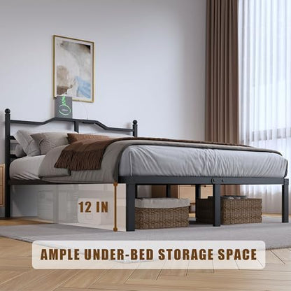 SHOANED 14 Inch Metal Bed Frame - Full Size Heavy Duty Bedframe with Charging Station & Headboard Basic Steel Slats Platform No Box Spring Needed/Easy Assembly/Noise Free