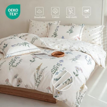King Comforter Set 3 Pieces, 100% Cotton Botanical Floral Bedding Set for All‑Season, Soft Breathable Comforter with 2 Pillow Shams