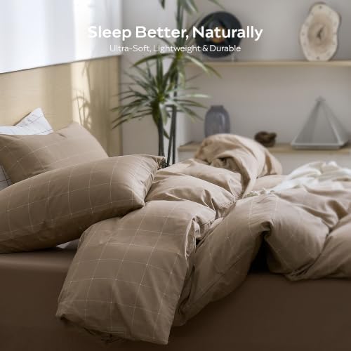 JELLYMONI 100% Cotton Plaid King Duvet Cover Set, Tan