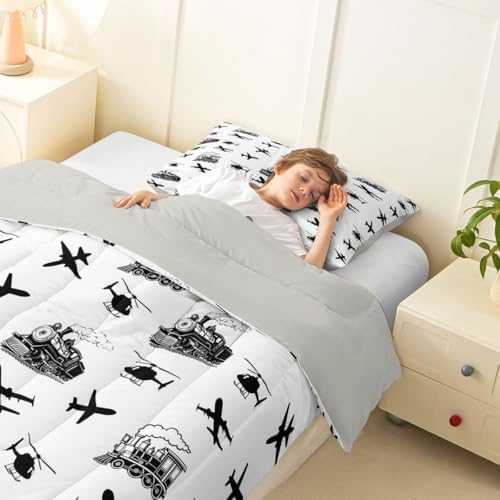 Feelyou Retro Vintage Train Comforter Set Toddler Size Airplane Print Bedding Set for Kids Boys Girls Aircraft Transport Vehicles Duvet Quilt Bedroom Decor Microfiber 2 Pcs with 1 Pillow Case