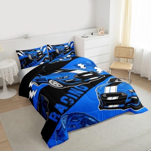 Erosebridal Blue Race Car Full Size Bedding Set for Boys Sports Car Comforter Set for Boys Bedroom Decor Racing Car Comforter Set Cool Race Cars Gaming Bedding Sets for Girls Kids 3Pcs
