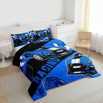 Erosebridal Blue Race Car Bedding Set for Boys Sports Car Comforter Set Queen,Race Car Bedroom Decor for Boys Girls Kids Racing Car Comforter Set Cool Race Cars Gamer Bedding Sets 3Pcs