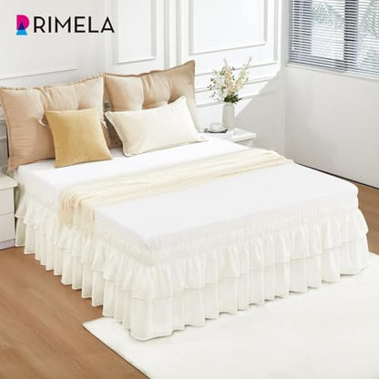 RIMELA Queen Size Ruffle Bed Skirt 14 Inch Drop - Cream White Double Layered Wrap Around Dust Ruffle, Romantic Cute Design Bedskirt with High-Density Fabric, Soft Stretchy, Easy Install for Queen Bed