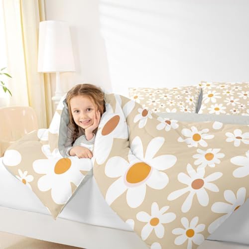 jejeloiu Retro Daisy Farmhouse Bedding Set for Boys Girls, Cute Daisy Comforter Set Toddler Size Cute Flower Duvet Quilt Microfiber Floral Botanical Pattern Bedroom Decor 2 Pcs with 1 Pillow Cases