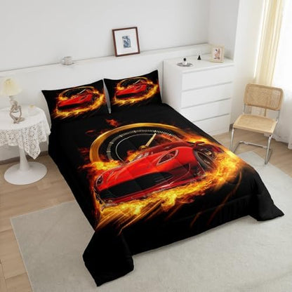 Erosebridal Red Race Car King Comforter Set for Boys Girls,Kids Sports Car Bedding Set Race Car Decor for Toddler Boys Room,Cool Cars Comforter Set Breathable Racing Car Quilt Bed Set 3Pcs