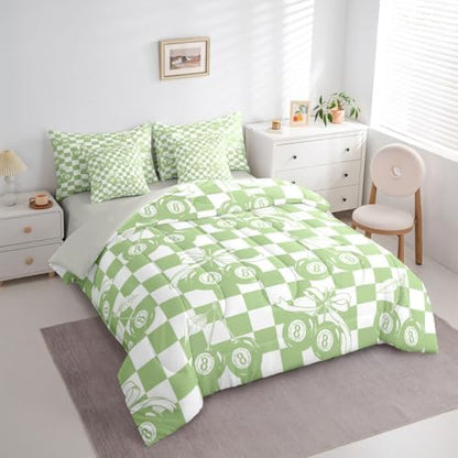 Erosebridal Fashion Y2K Bow 7 Piece Bedding Set King Size for Kids Boys Girls,Trendy Lucky 8 Ball Bowknot Comforter Set Cute Green Cherry Ball Bed in A Bag with Sheets Preppy Aesthetic Plaid Bed Set