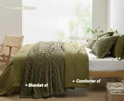 HIG 4pc 2-in-1 Queen Comforter Set with Detachable Fluffy Blanket, Olive
