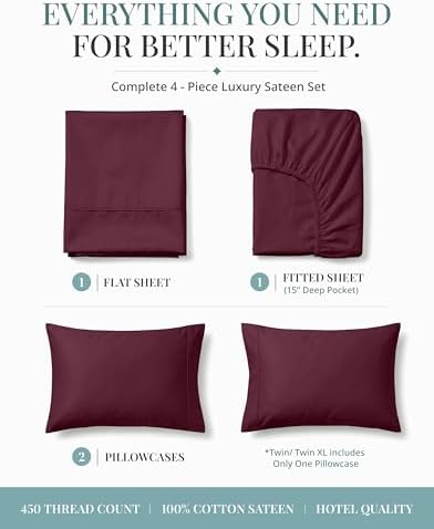 450TC 100% Cotton Twin Single Bed Sheets - Soft Sateen Weave, Windsor Wine