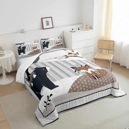 Castle Fairy Cartoon Animal Twin Size Comforter Set,Cute Bear Owl Fox and Plant Duvet Set for Kids Boys Bedroom,Exotic Indian Style Soft Microfiber Bedding Comforters,2 Pcs