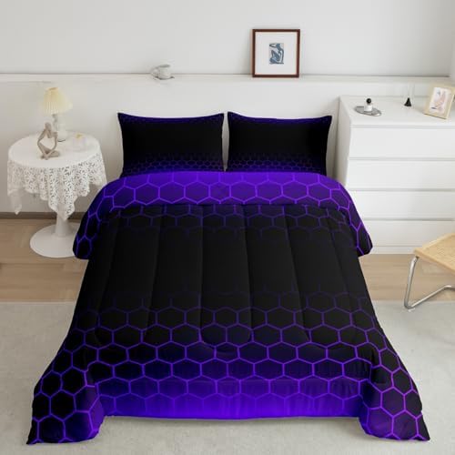 Purple Black Ombre Honeycomb Comforter Set Twin Size, Abstract Hexagonal Bedding Set for Kids Geometrics Honeycomb Comforter Beehive Hexagon Duvet Set Durable Bed Set 2Pcs