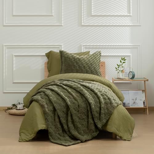HIG 4pc 2-in-1 Twin-XL Comforter Set with Detachable Fluffy Blanket, Olive
