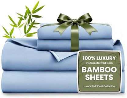 Love's cabin 3 Piece Twin XL Sheet Set, 100% Rayon Derived from Bamboo, Cooling & Breathable, Soft Silky Deep Pocket up to 16", Hotel Luxury Bedding for Hot Sleepers, Mineral Blue