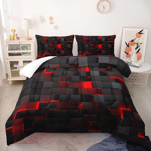 Geometric Red Black Comforter Set,Light Honeycomb 3 Piece Bedding Set King Size for Teen Boys,Modern Bedding Quilt Set Geometry Decor,Microfiber Lightweight 1 Comforter 2 Pillowcases All Season