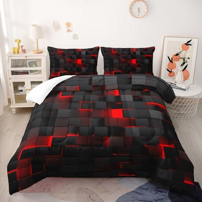 Geometric Red Black Comforter Set,Light Honeycomb 3 Piece Bedding Set King Size for Teen Boys,Modern Bedding Quilt Set Geometry Decor,Microfiber Lightweight 1 Comforter 2 Pillowcases All Season