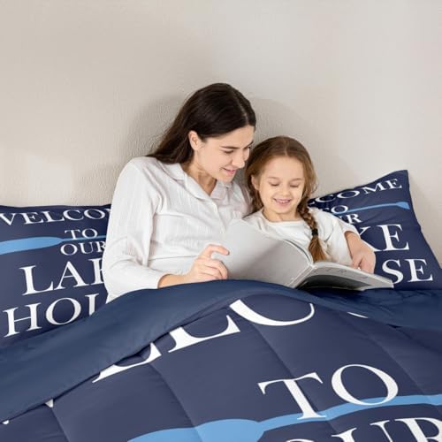 Lake House Comforter Set King Size, Blue Paddle Lake Camper Bedding Set 3pcs, Rustic Farmhouse Lake Life Navy Blue Down Comforter for All Season, Kids Boy Girl Room Decor, 2 Pillowcases, No Sheets